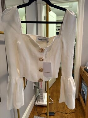 Self-Portrait Cream Ribbed Square-Neck Buttoned Top with bell sleeves NWT